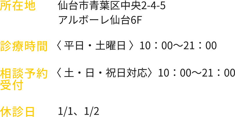 診療時間（平日・土・日・祝日）10：00～21：00