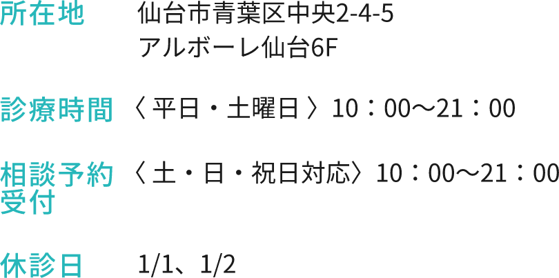 診療時間（平日・土・日・祝日）10：00～21：00