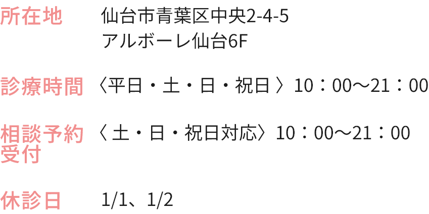 診療時間（平日・土・日・祝日）10：00～21：00